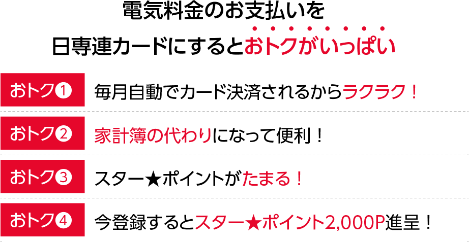 電気料金のお支払を日専連カードにまとめるとおトクがいっぱい！【おトク1】自動引き落としだからお支払いラクラク！【おトク2】家計簿の代わりになって便利！【おトク3】スター★ポイントがたまる！【おトク4】登録するとスター★ポイント2,000P進呈！