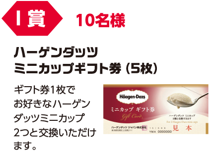 I賞 10名様「ハーゲンダッツミニカップギフト券(5枚)」ギフト券1枚でお好きなハーゲンダッツミニカップ2つと交換いただけます。