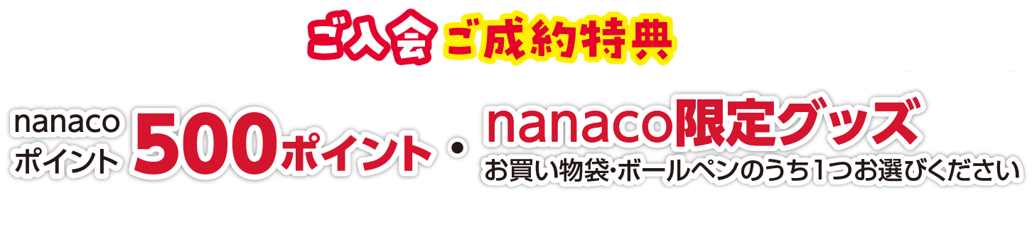 【ご入会・ご成約特典】1.nanacoポイント500ポイント/2.nanaco限定グッズ進呈(2種類のうち1つをお選びください)
