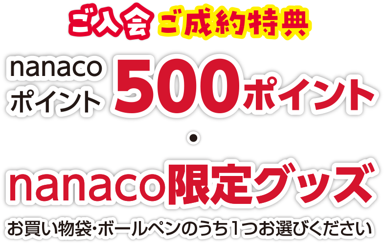 【ご入会・ご成約特典】1.nanacoポイント500ポイント/2.nanaco限定グッズ進呈(2種類のうち1つをお選びください)