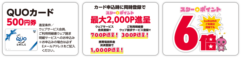 QUOカード500円券/カード申込時に同時登録でスター★ポイント最大2,000P進呈/スター★ポイント3ヶ月分のご利用何度でも6倍