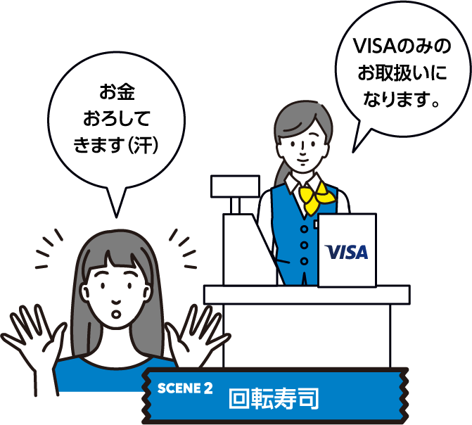 SCENE2：回転寿司店でVISAのみのカードしか使えず、現金をおろしに行った